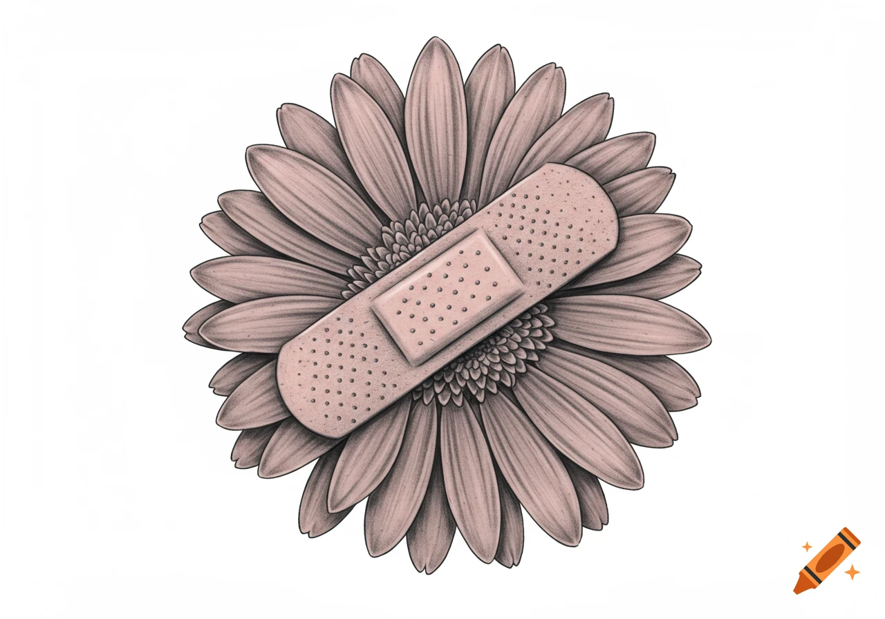 A black ink drawing in tattoo style of a bandaid placed over a flower.