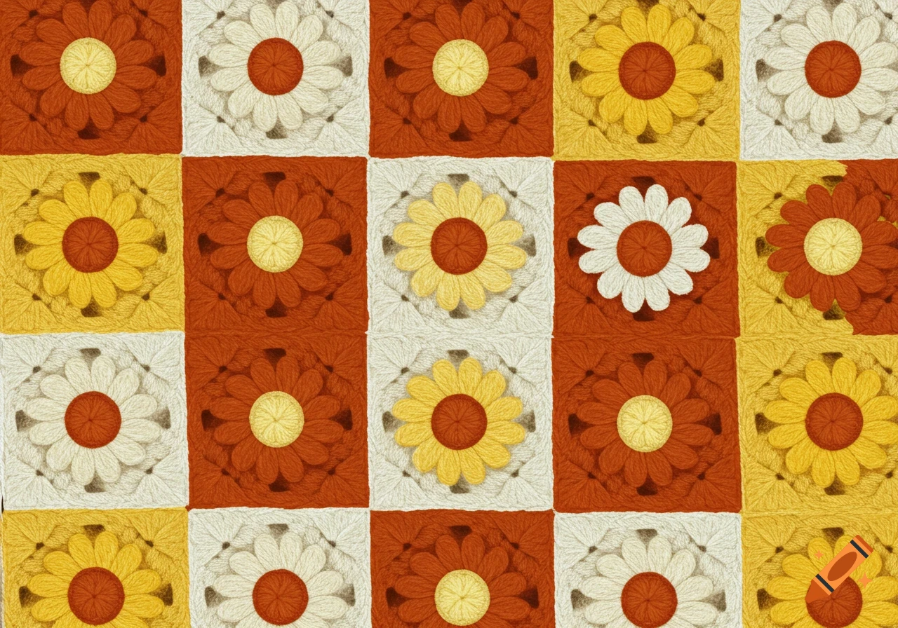 Tiled pattern of orange, yellow, and white crochet daisy granny squares.