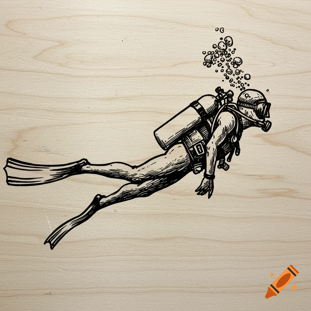Black and white illustration of a diver swimming with bubbles on a wood background.