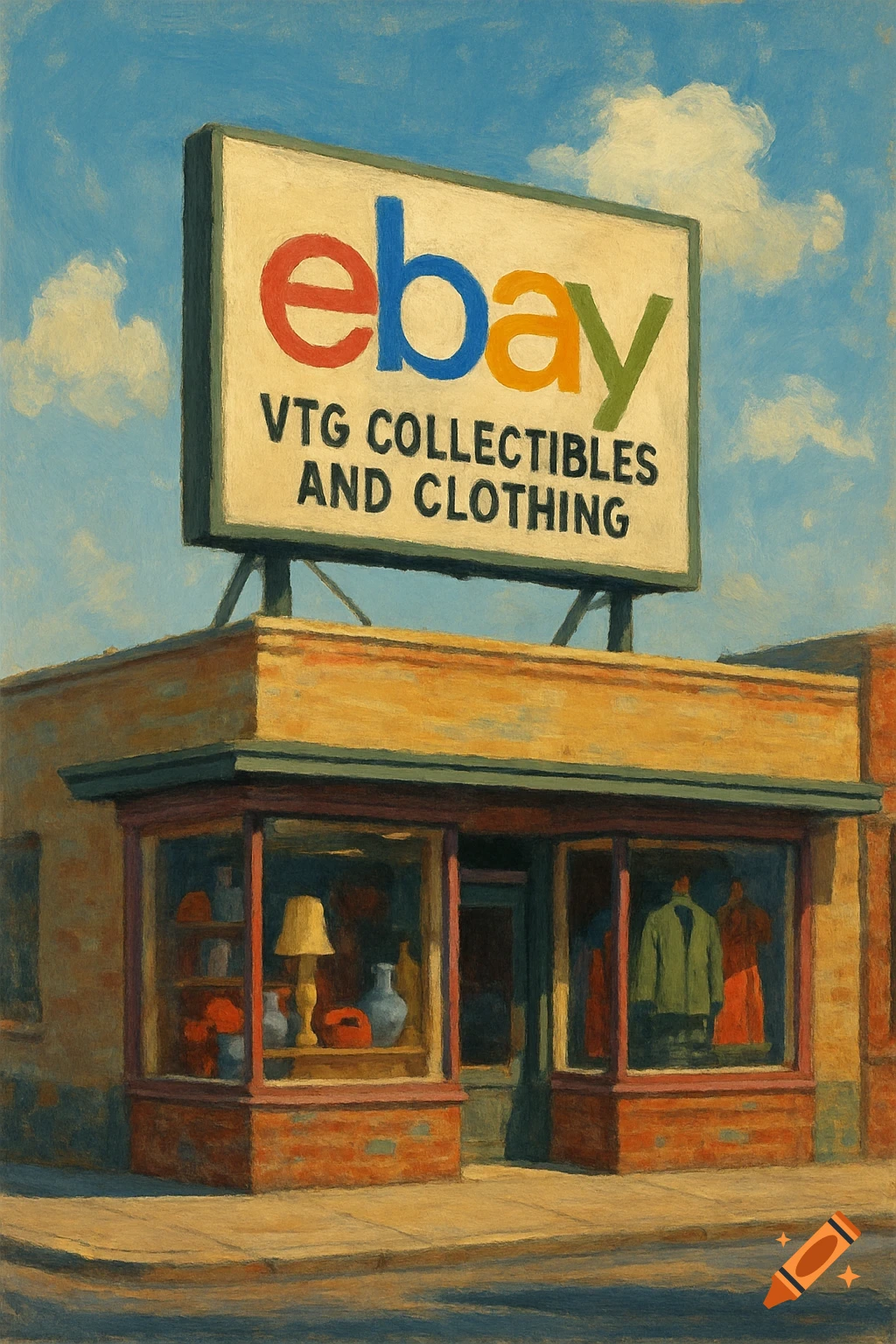Painting of a storefront for eBay VTG Collectibles and Clothing with a large sign.