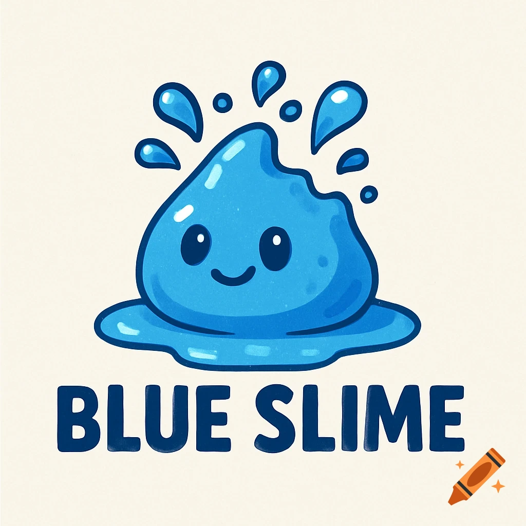 Cartoon logo of a happy blue slime creature with text that says BLUE SLUE