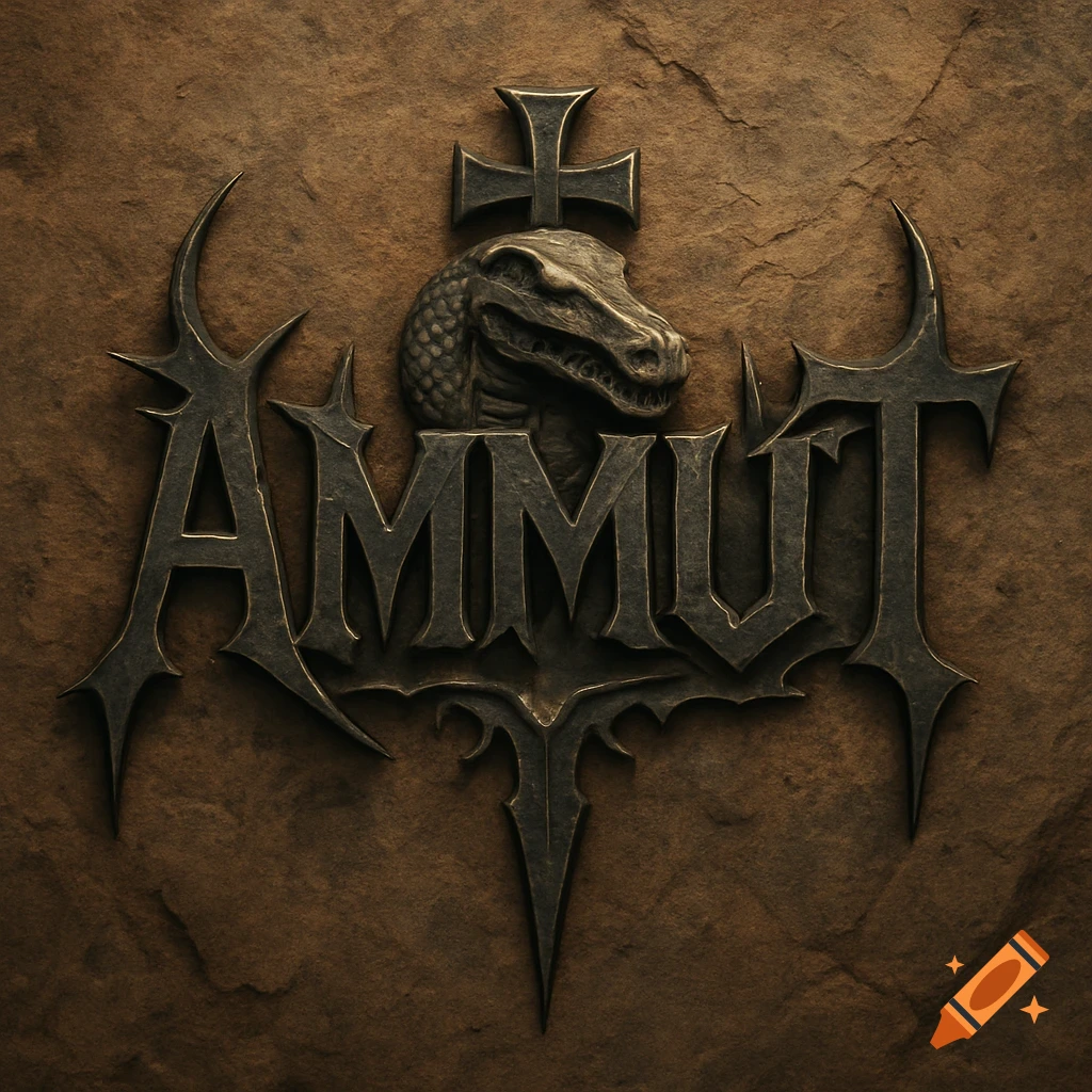 Dark metal logo for AMMUT with crocodile head and cross on rocky background
