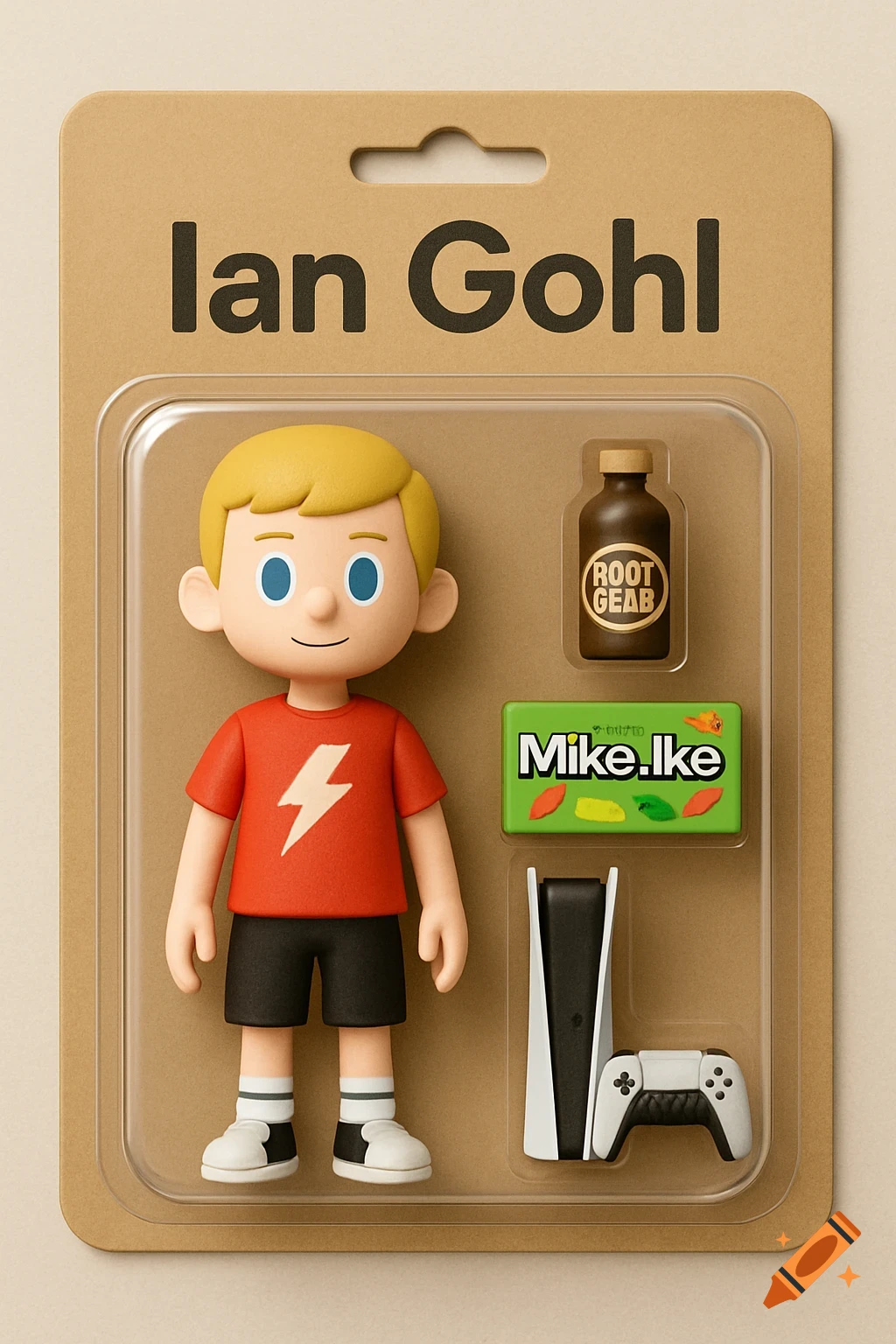 3D cartoon action figure of a boy in blister packaging with toy accessories.