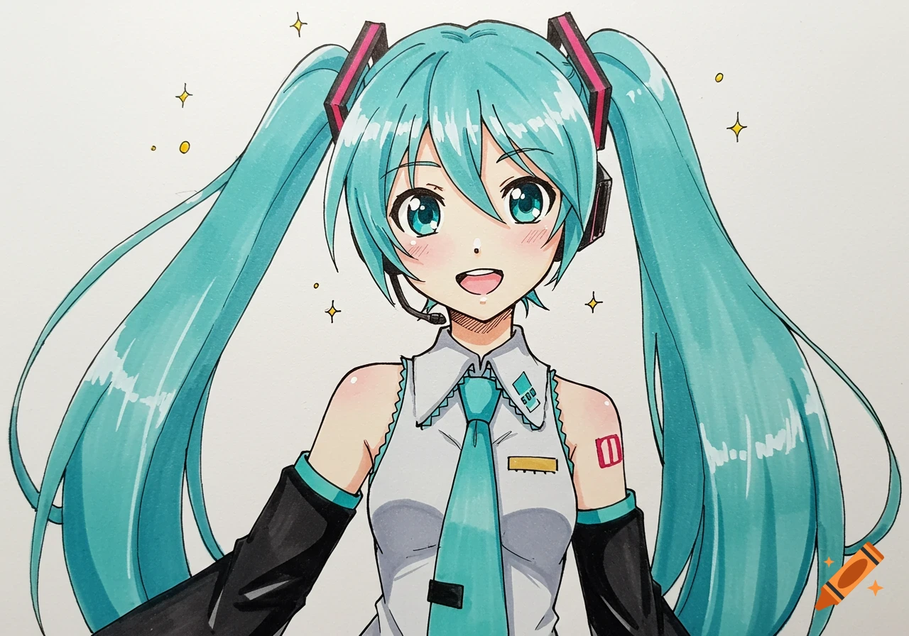 Close-up drawing of Hatsune Miku with twin teal pigtails, smiling and wearing her signature outfit and headset