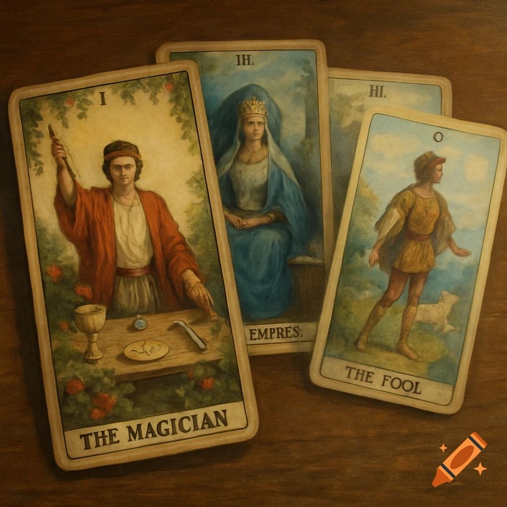 Three tarot cards, The Magician, Empress, and Fool, displayed on a wooden surface in a painted style.