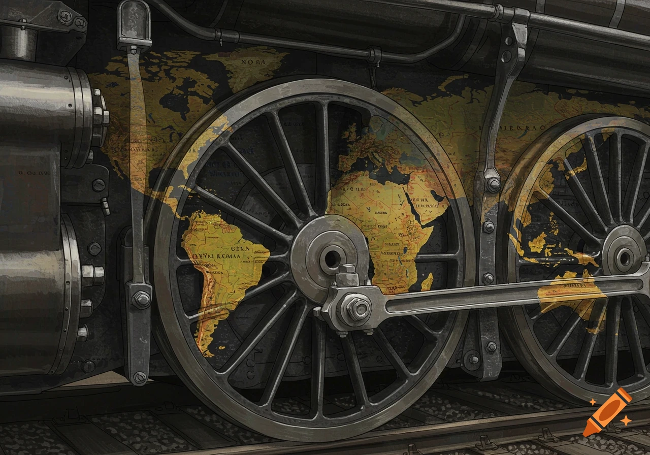 Close-up illustration of a steam train wheel overlaid with a vintage world map.