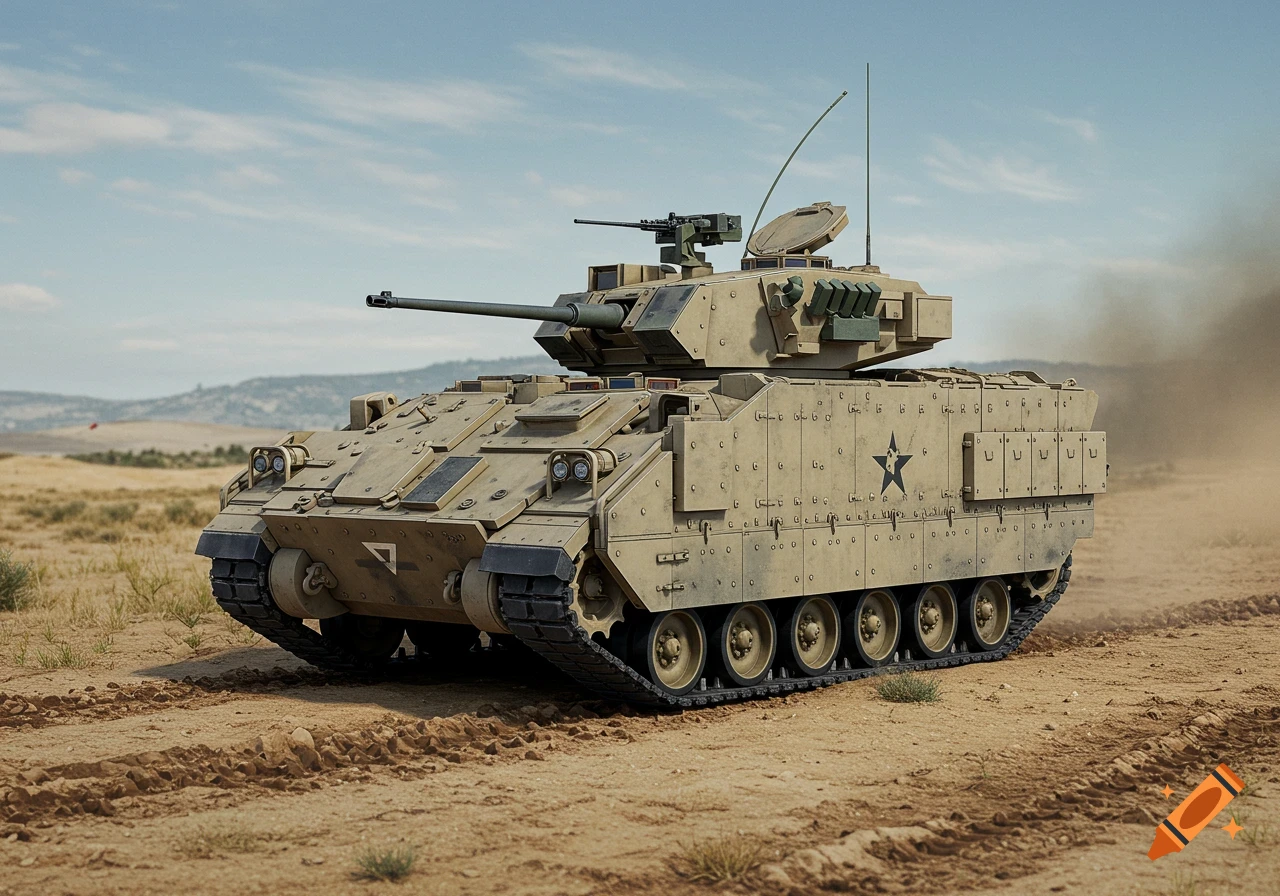 A tan military vehicle, similar to a Bradley IFV, sits on a dirt road in a desert landscape under a cloudy sky.