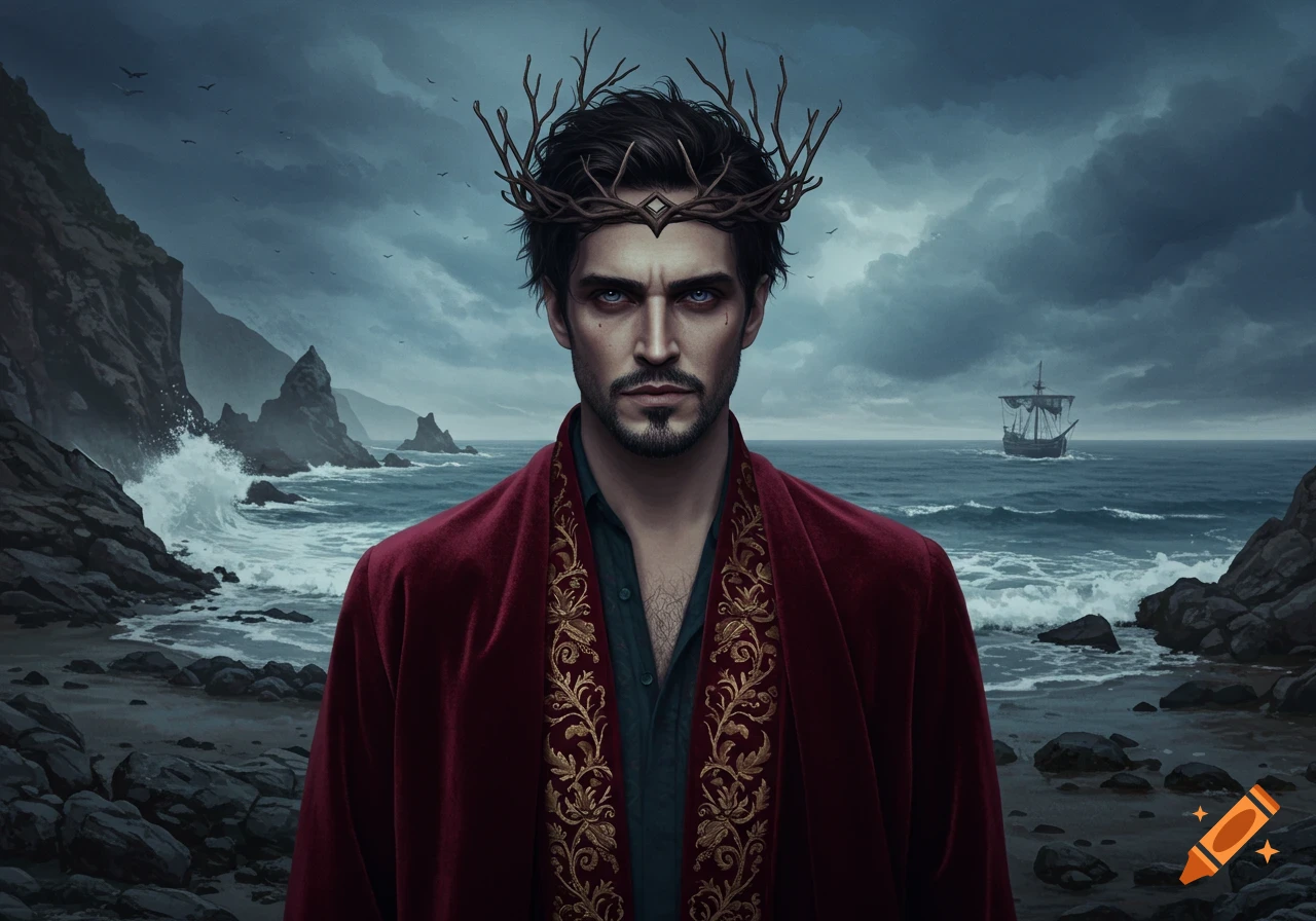 Fantasy portrait of a man with branch crown and red cloak by a stormy sea with a ship.