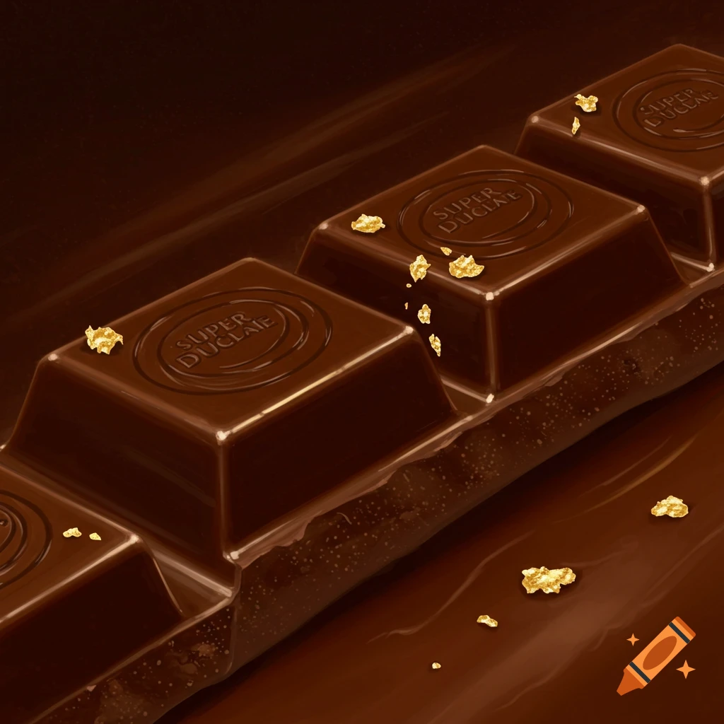 Close-up of a luxurious chocolate bar with gold flakes, partially melted
