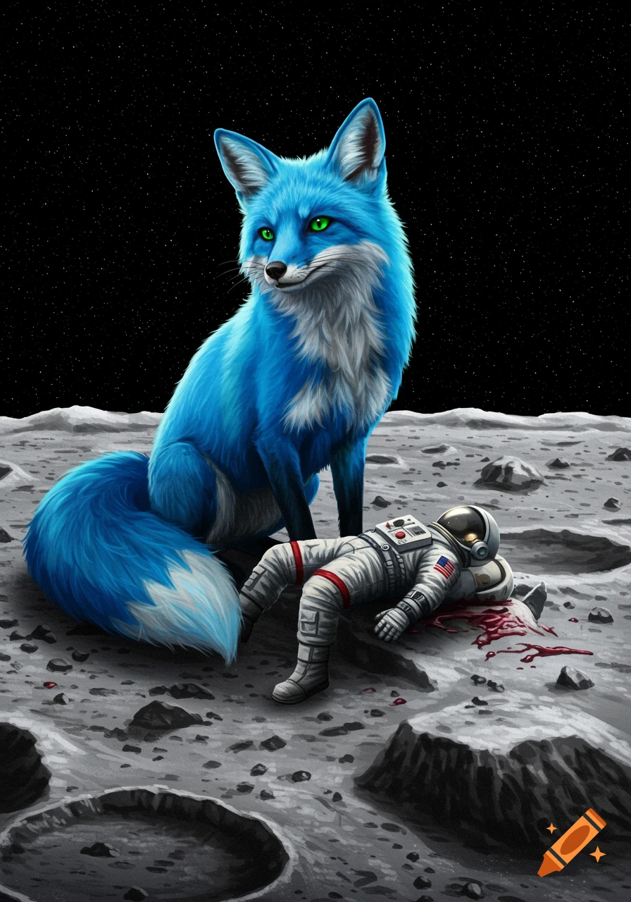 A blue fox sits on the moon next to a dead astronaut with blood.