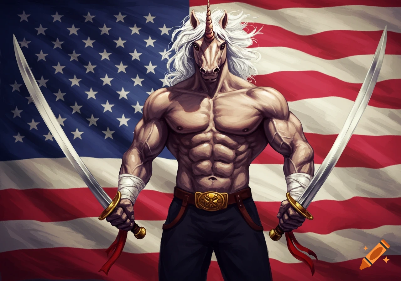 Muscular bipedal unicorn holds two swords in front of an American flag.