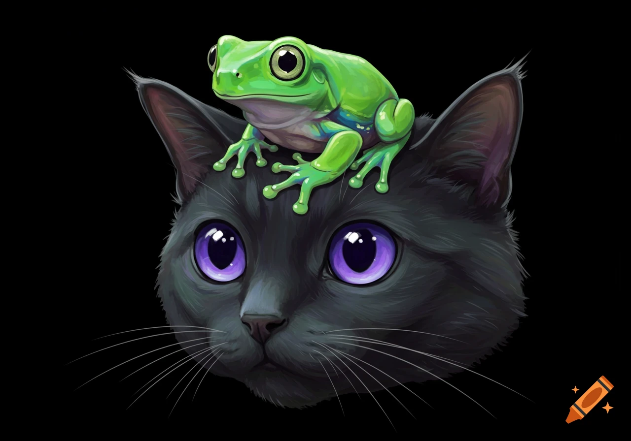 A green frog sits on the head of a black cat with purple eyes, digital art.