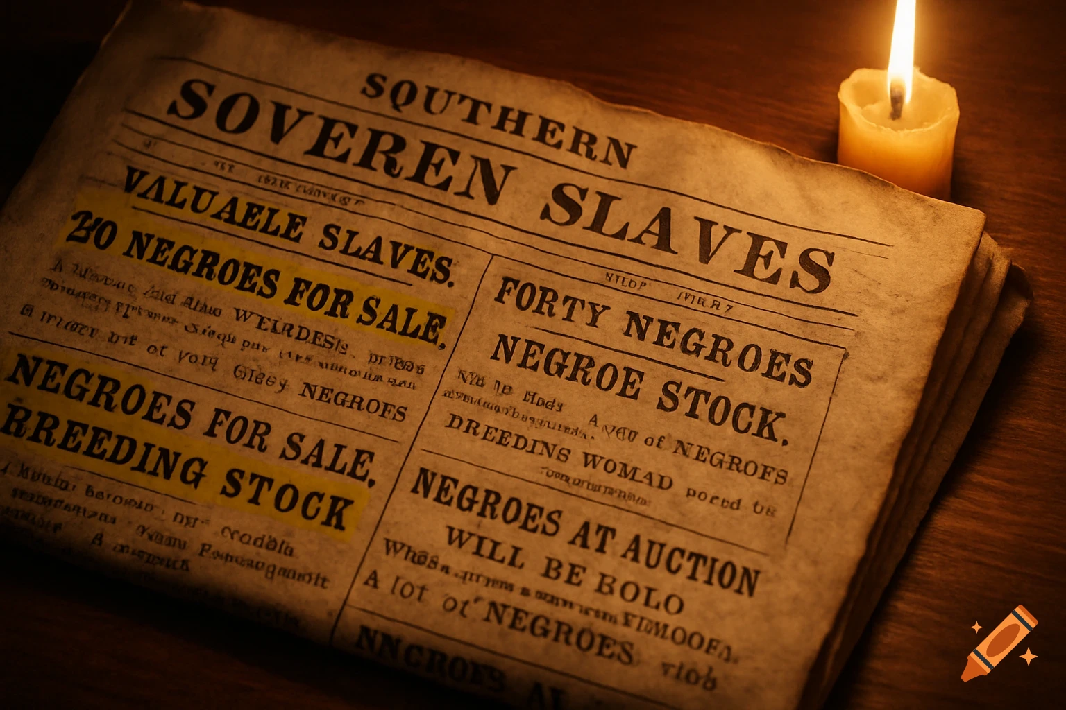 A close-up of an aged historical Southern newspaper page with headlines and ads about slave sales, illuminated by candlelight.