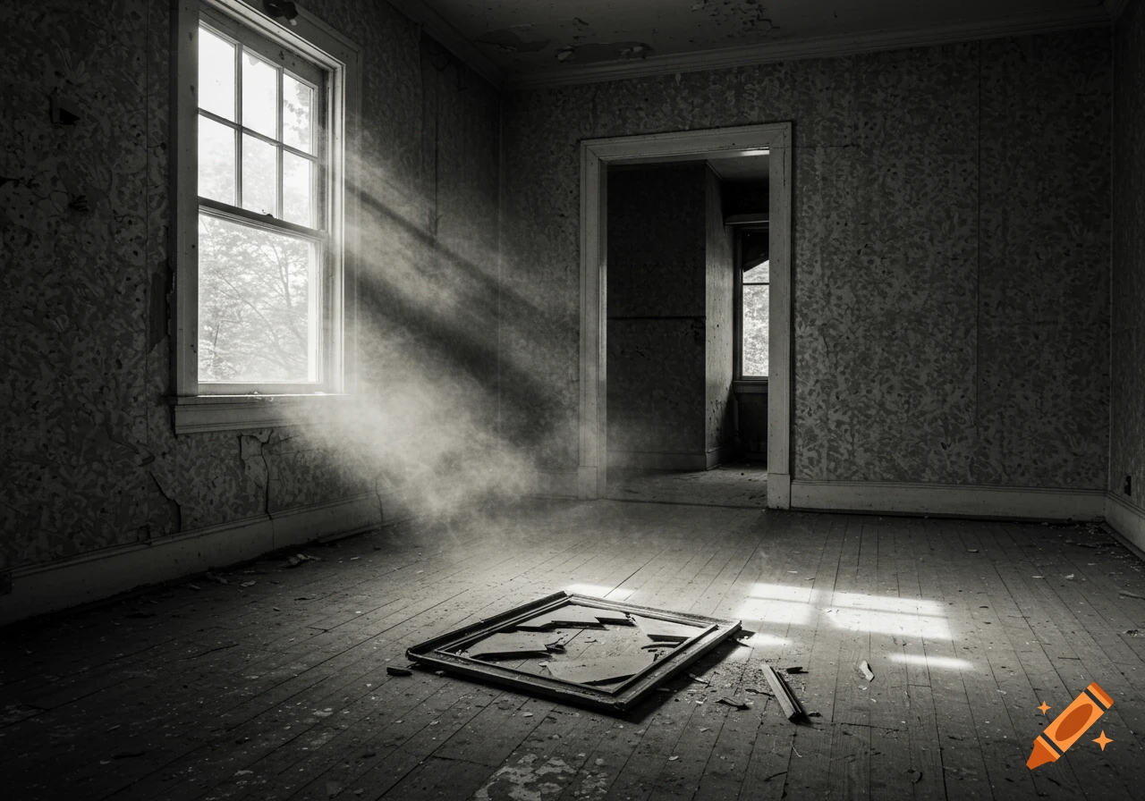 Vintage black and white photo of an abandoned room with sunbeams and a broken frame on the floor