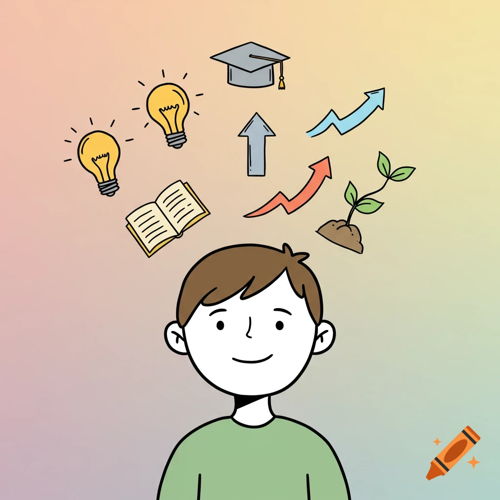 Simple cartoon illustration of a person with icons representing ideas, books, graduation, and growth rising above their head.