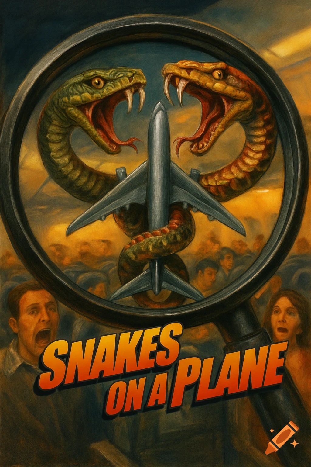 A movie poster illustration shows two snakes coiled around an airplane inside a magnifying glass, with scared faces below.