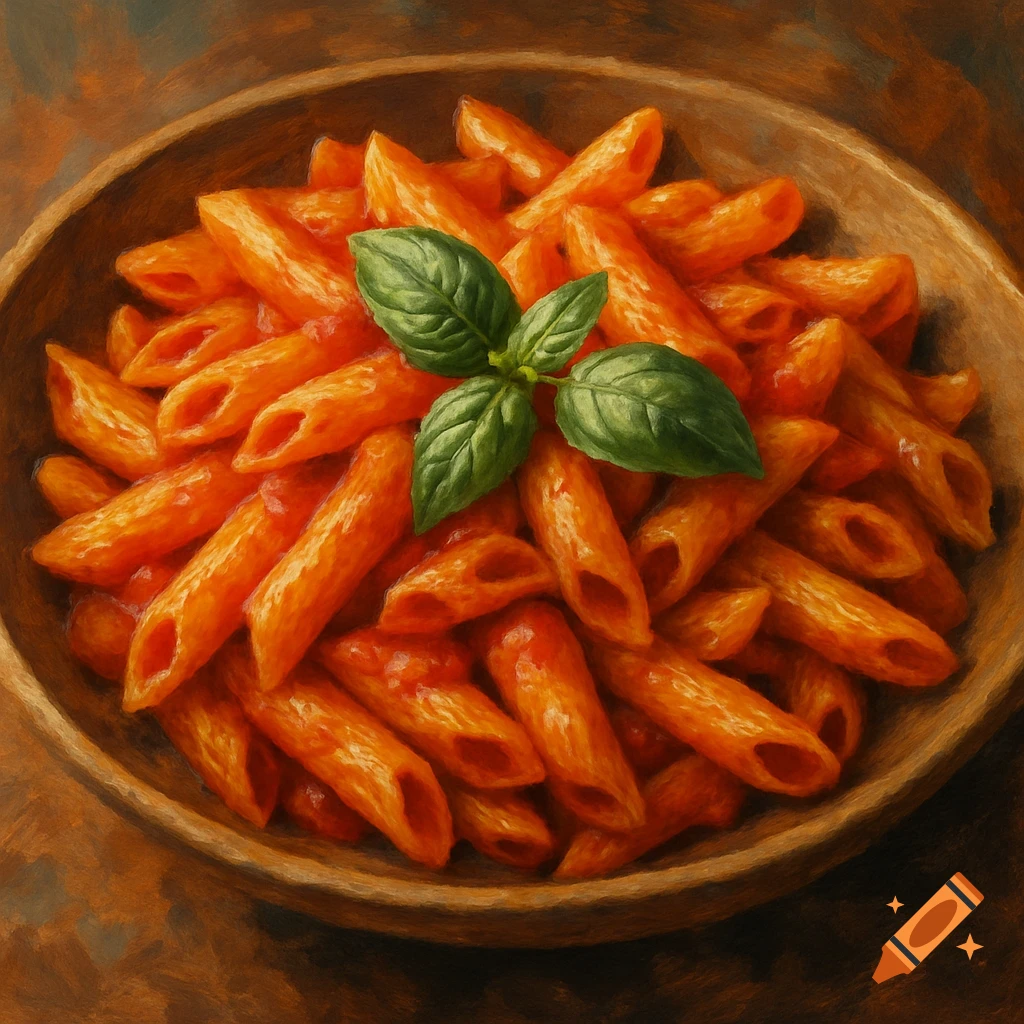 Close-up painterly image of penne pasta with tomato sauce and basil in a wooden bowl.