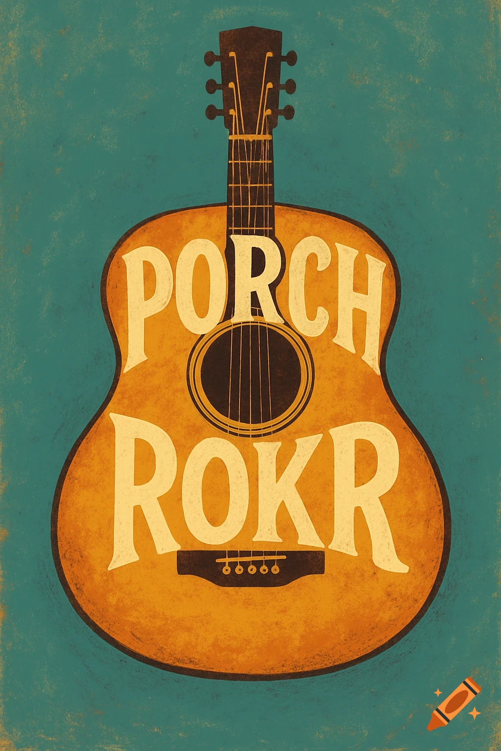 Stylized illustration of a guitar with the text PORCH ROKR on its body