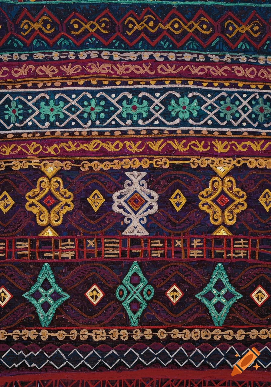 Close-up of a colorful traditional fabric pattern with geometric and stylized motifs.