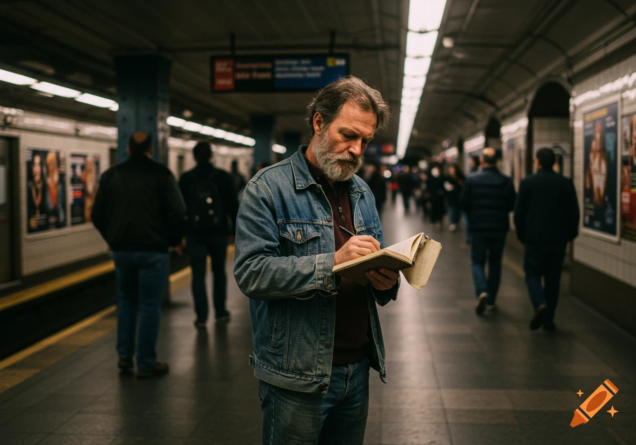 A bearded man in a denim jacket writes in a notebook while standing in a busy subway station.