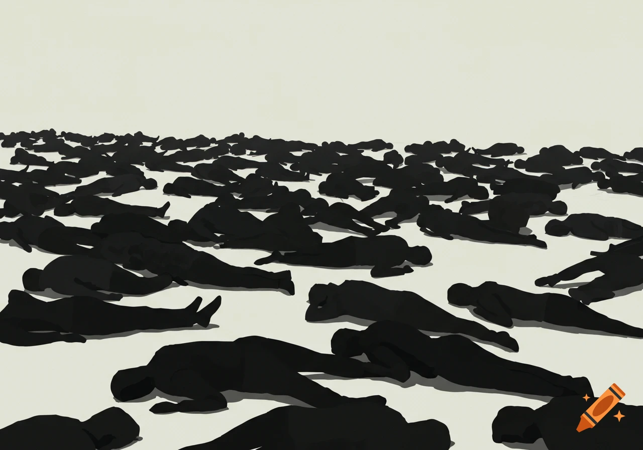 Minimalist view of many black silhouettes of people lying on the ground.
