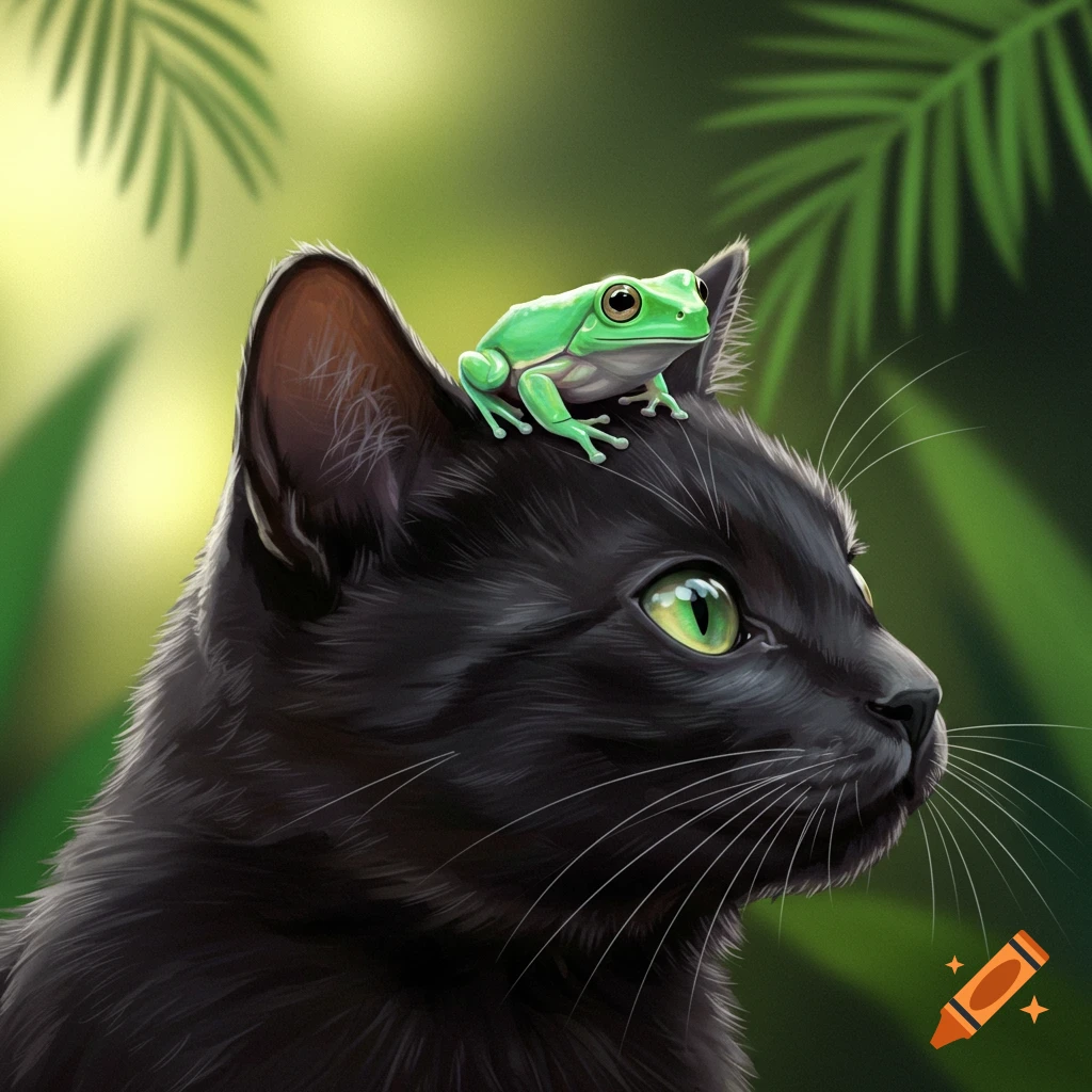 Illustration of a black cat with a green frog sitting on its head in a jungle setting.