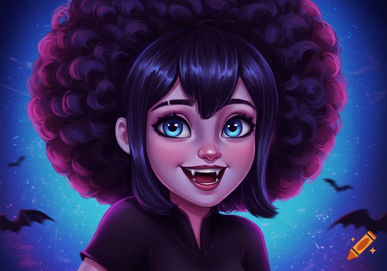 Stylized portrait of Mavis Dracula with an afro, fangs, and blue eyes against a blue background with bats.