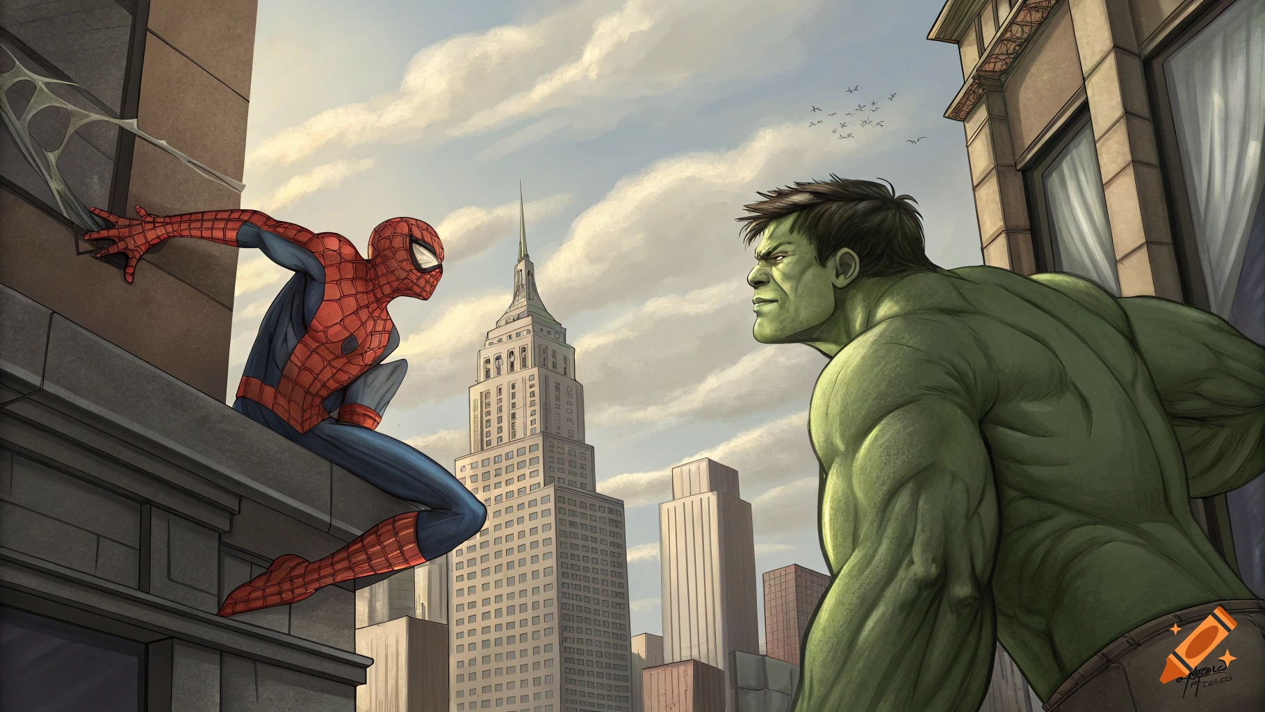 Comic art of Spider-Man clinging to a building and facing the Hulk in New York City with the Empire State Building in the background.
