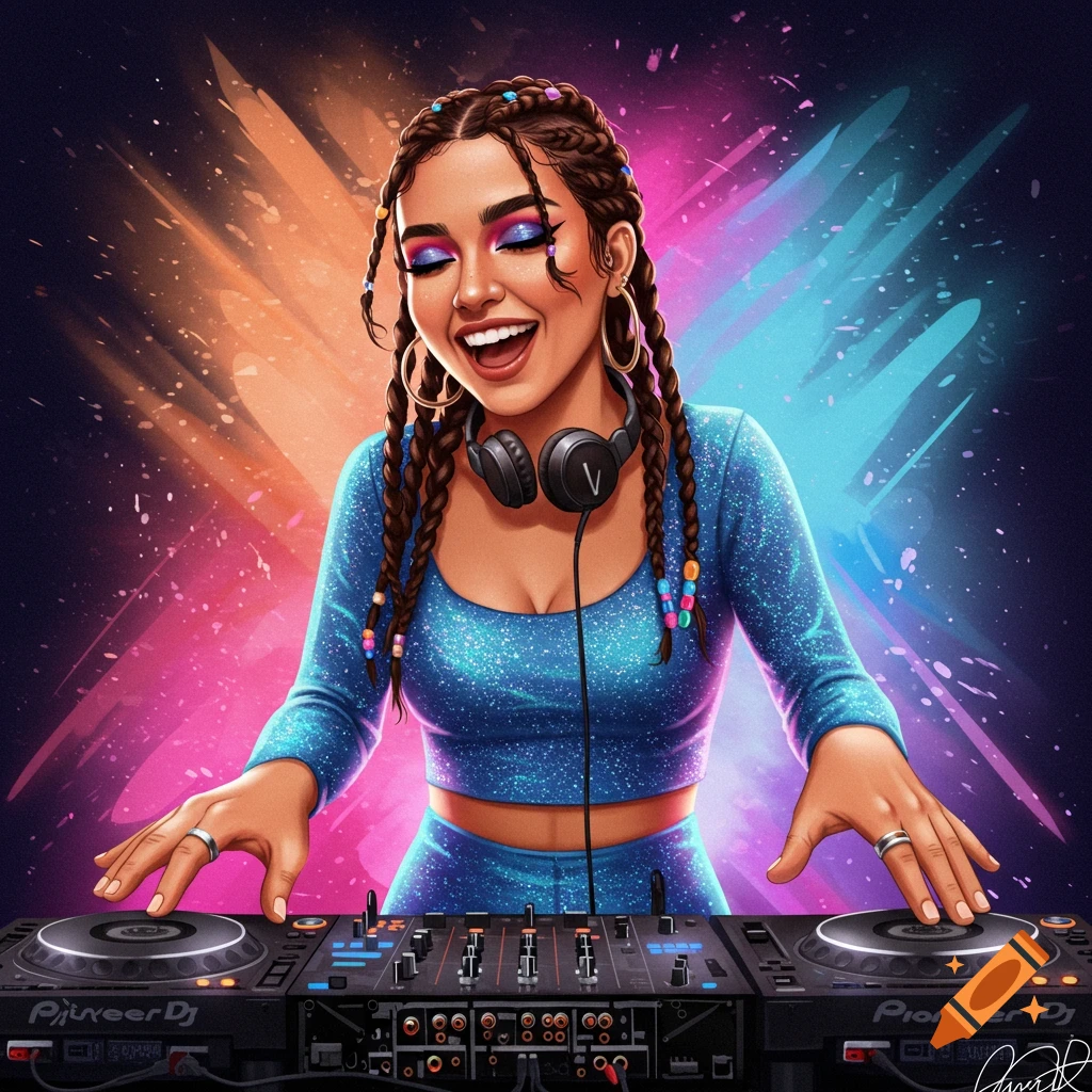 Illustration of a smiling woman DJing with headphones and vibrant background