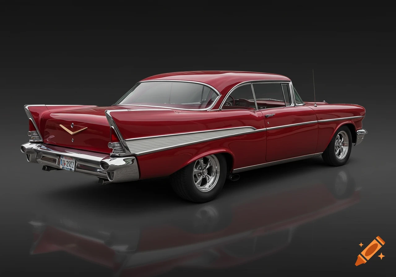 A red 1957 Chevrolet Bel Air street rod is parked and viewed from the rear quarter on a dark background.