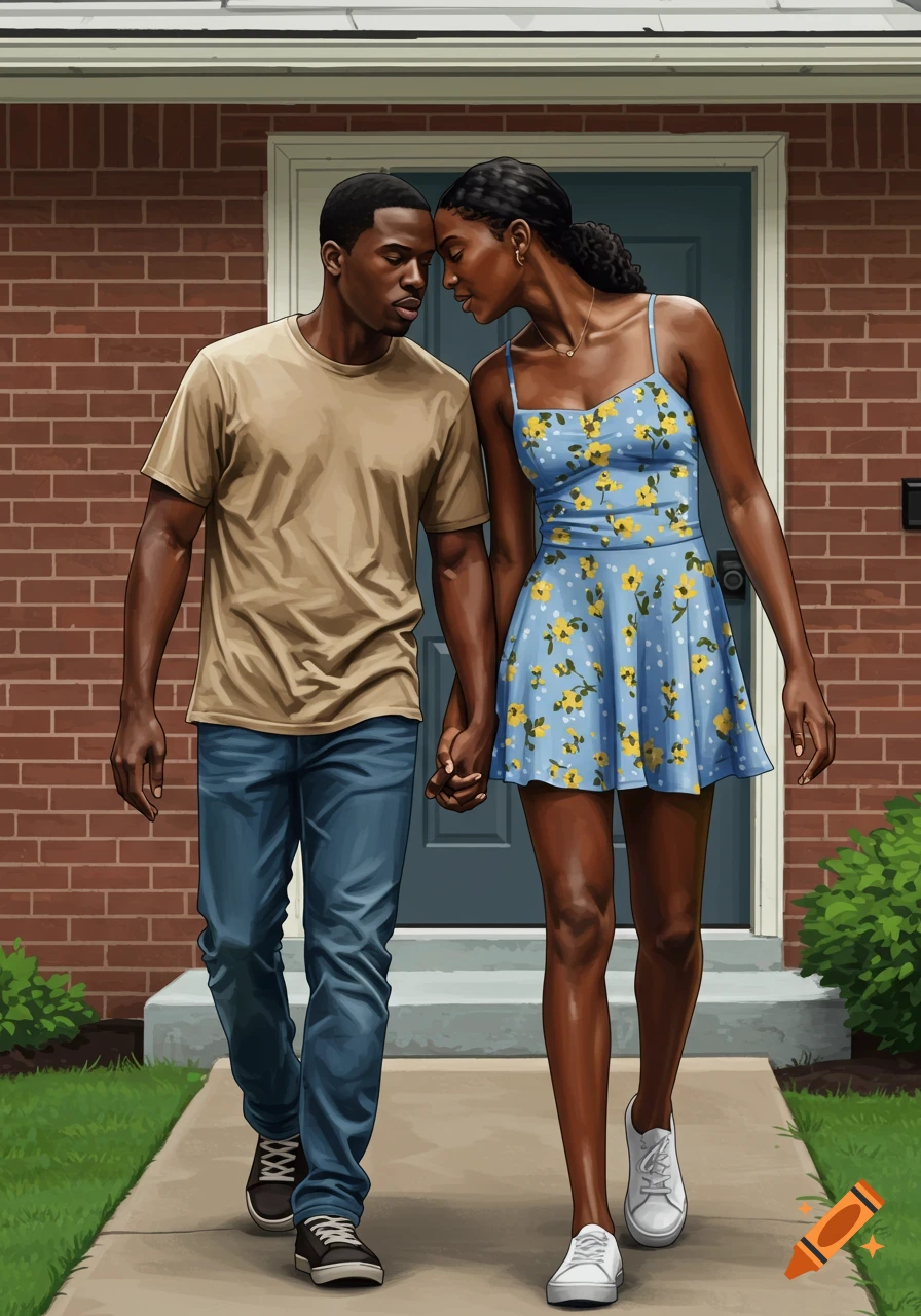 Illustrated Black couple holding hands, walking towards a house, woman leaning on man's head.