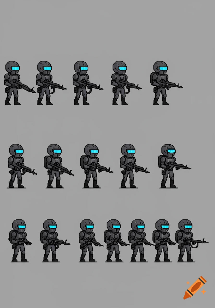 Pixel art sprite sheet of soldiers in dark gray armor with blue visors, holding rifles.
