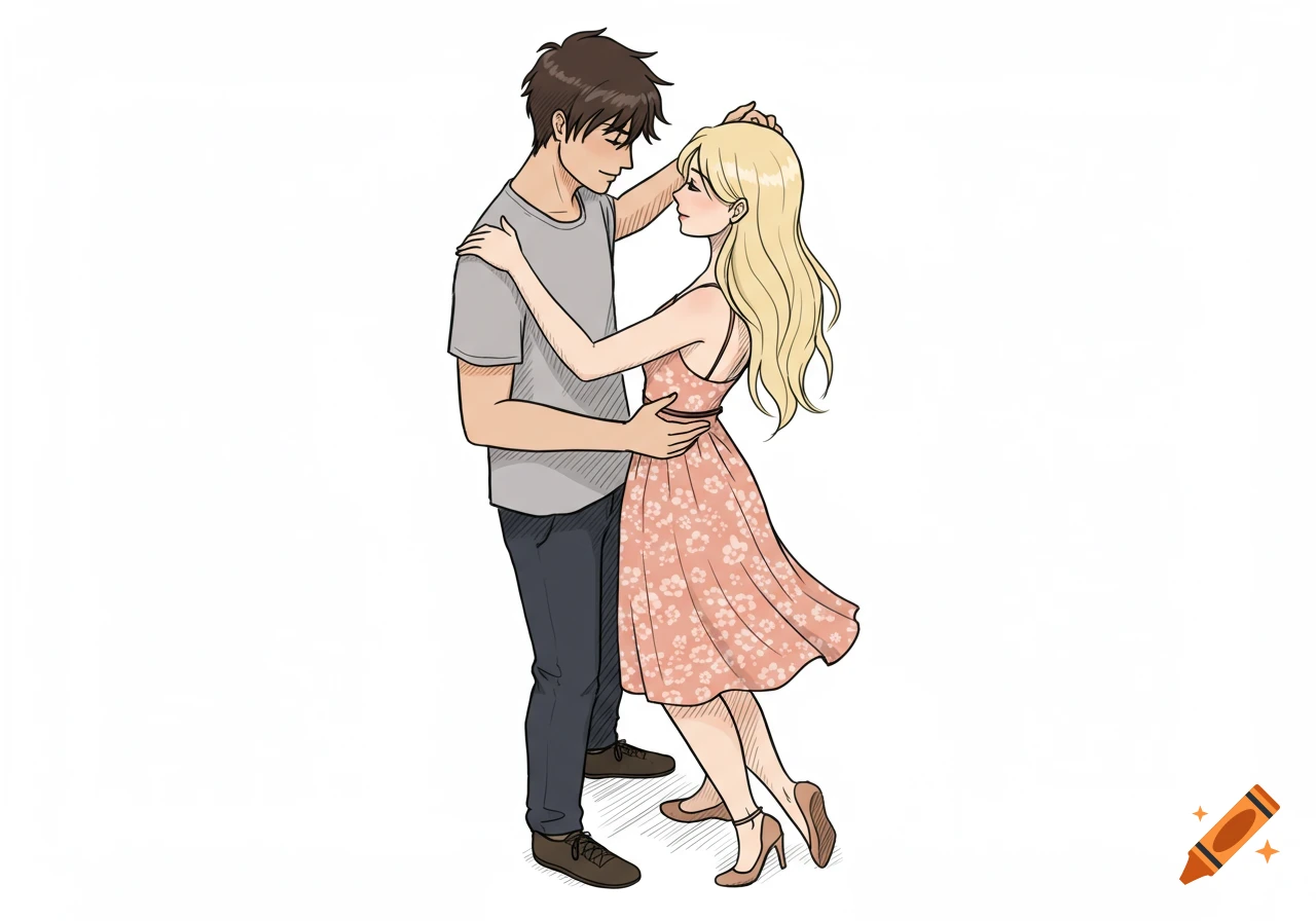 Anime drawing of a couple slow dancing.