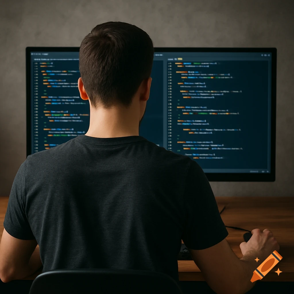 Person seen from behind coding on a computer screen showing lines of text.