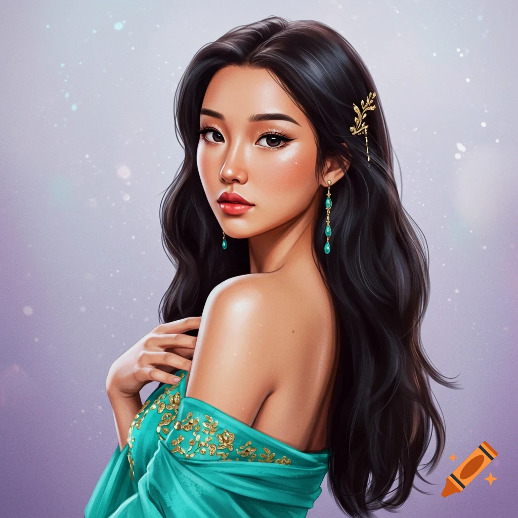 Digital painting of a beautiful woman with long dark hair and teal ...
