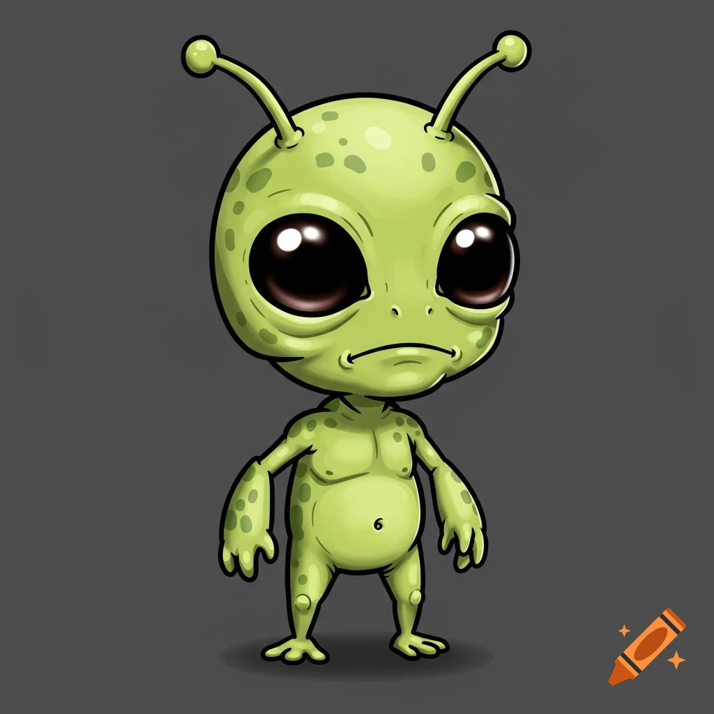 A cartoon alien with big dark eyes, antennae, short arms, big hands, and feet stands on a gray background.