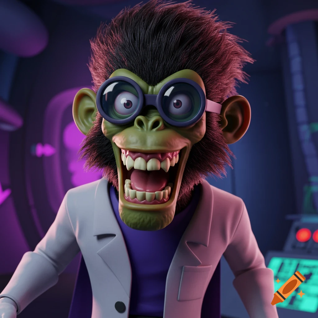 A cartoon monkey character with goggles and a lab coat grins wide in a lab.