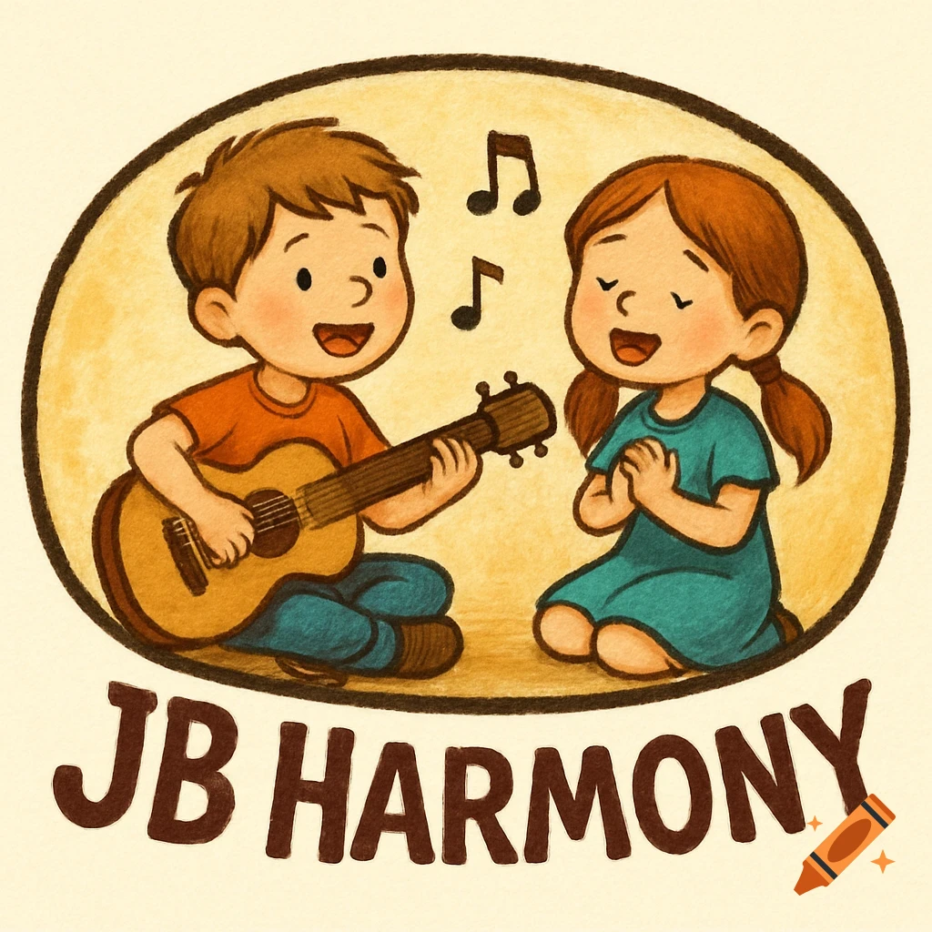 Illustration logo of two children playing music, a boy on guitar and a girl singing