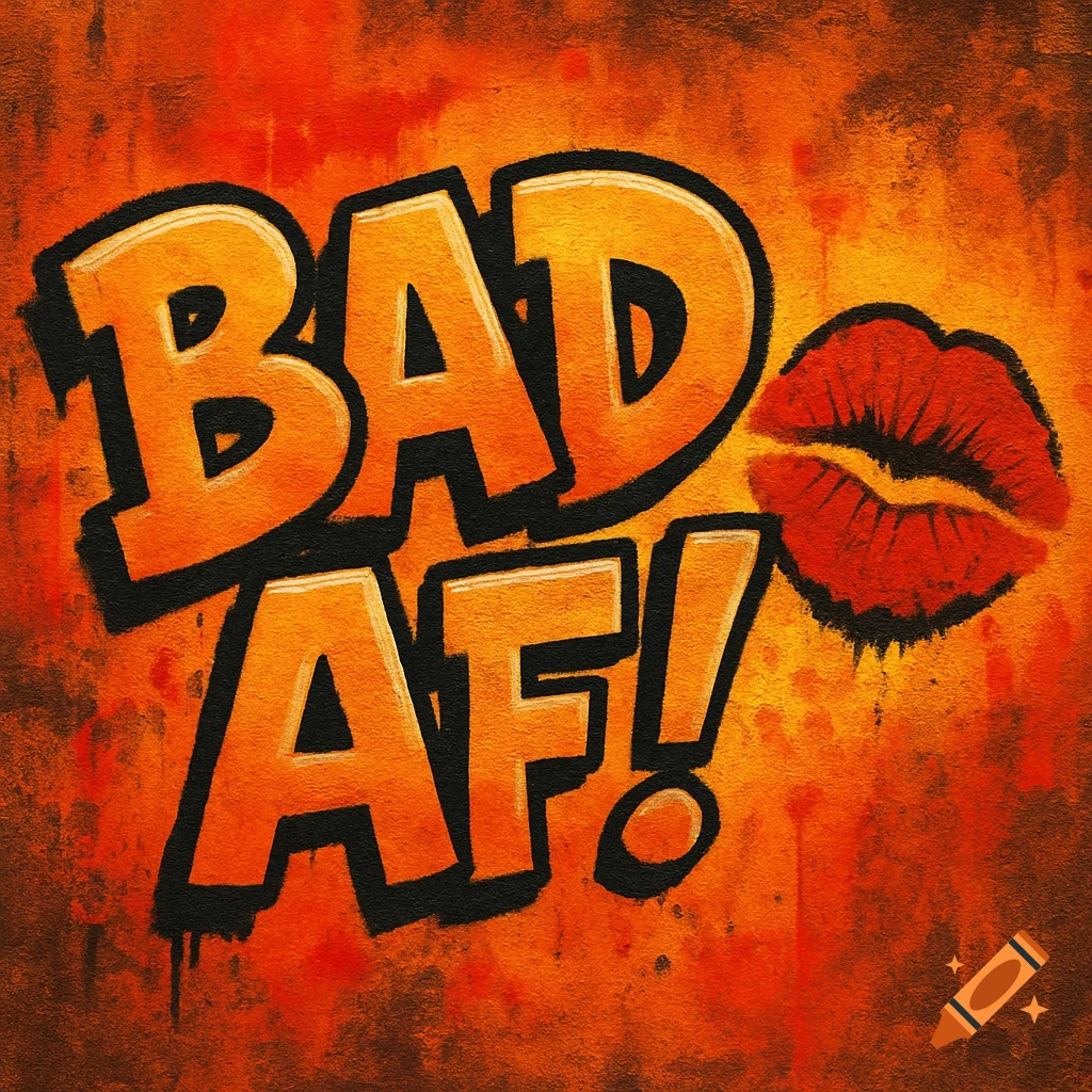 Orange graffiti text reads "BAD AF!" with a red kiss mark beside it on a textured orange wall.