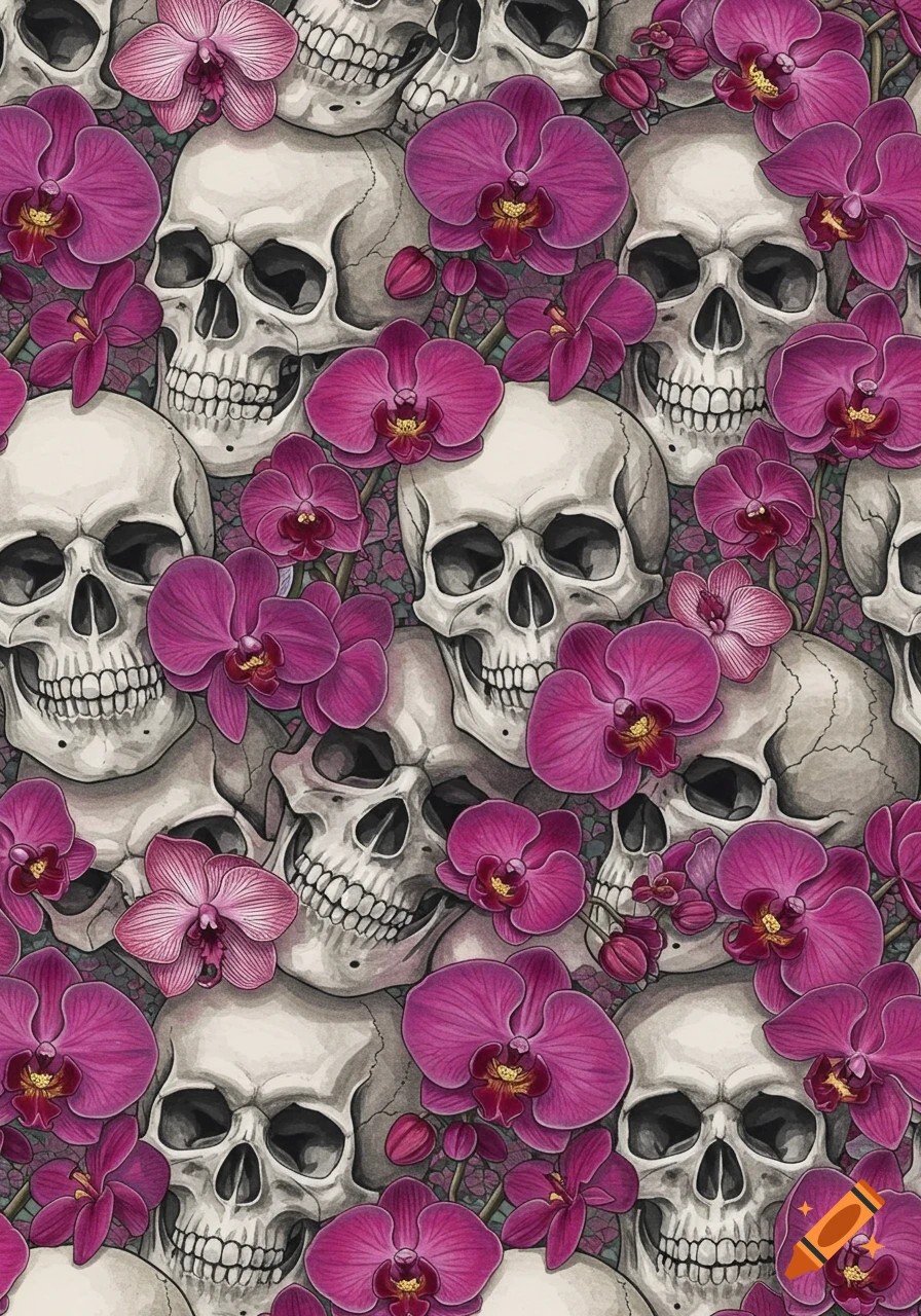 A seamless pattern of skulls and pink orchids.