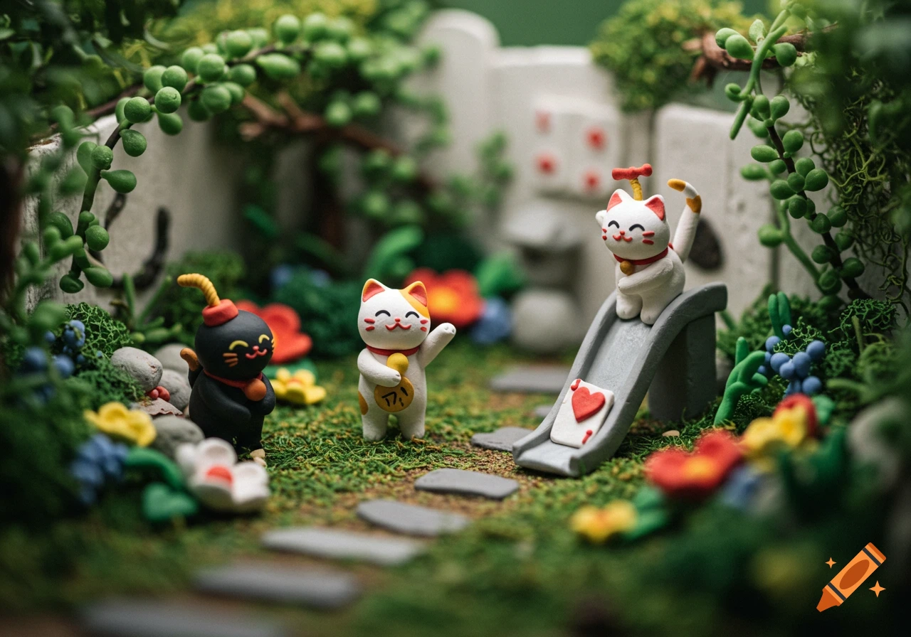 Miniature clay diorama with several cat figurines in a garden setting