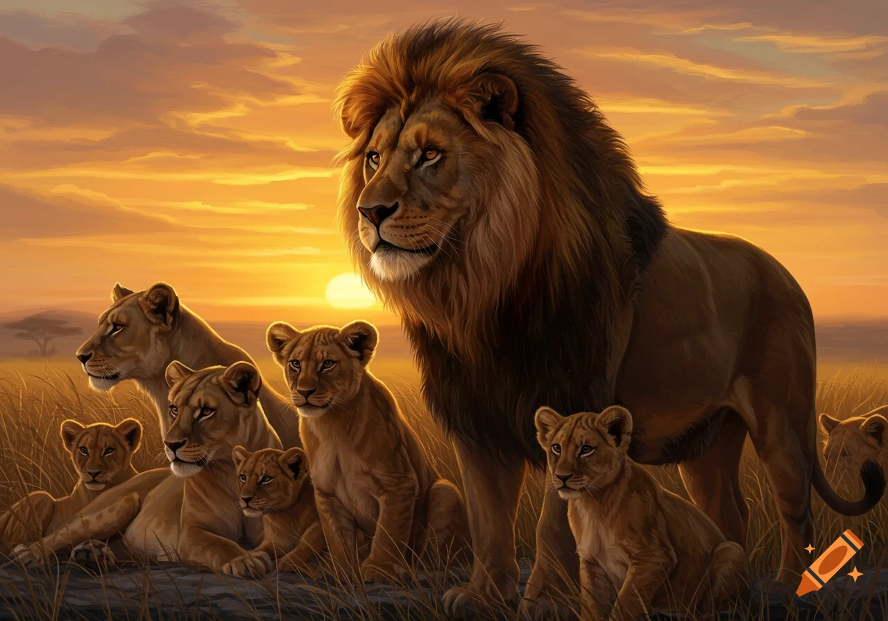 A pride of lions, including a large male, lionesses, and cubs, stand in tall grass at sunset.