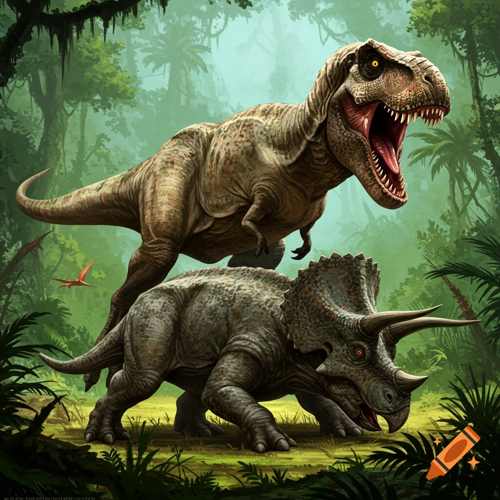 A Tyrannosaurus Rex battles a Triceratops in a prehistoric jungle.