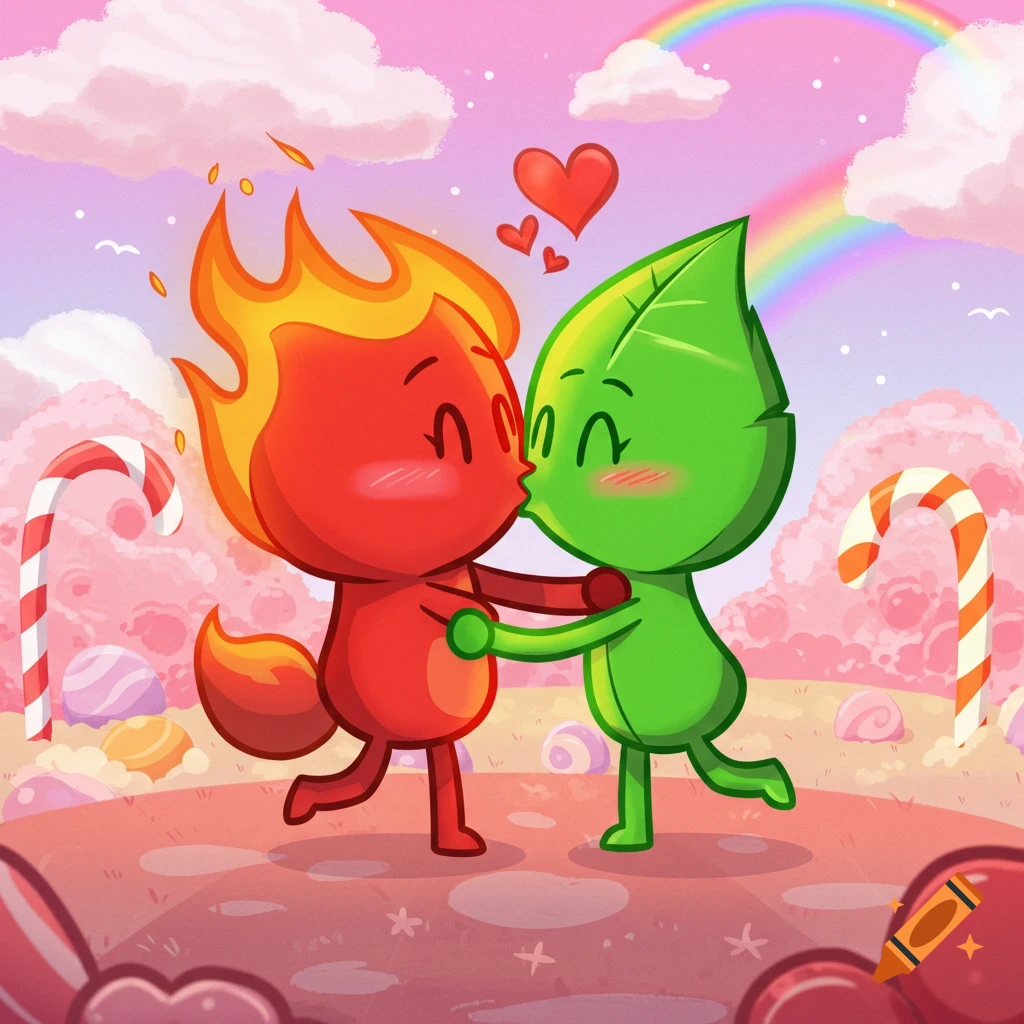 Cartoon characters Firey and Leafy kissing in a candy landscape under a rainbow.