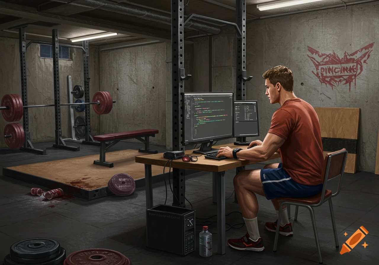 A man is programming on computers at a desk in a basement gym. Weightlifting equipment is in the background. Stylized.