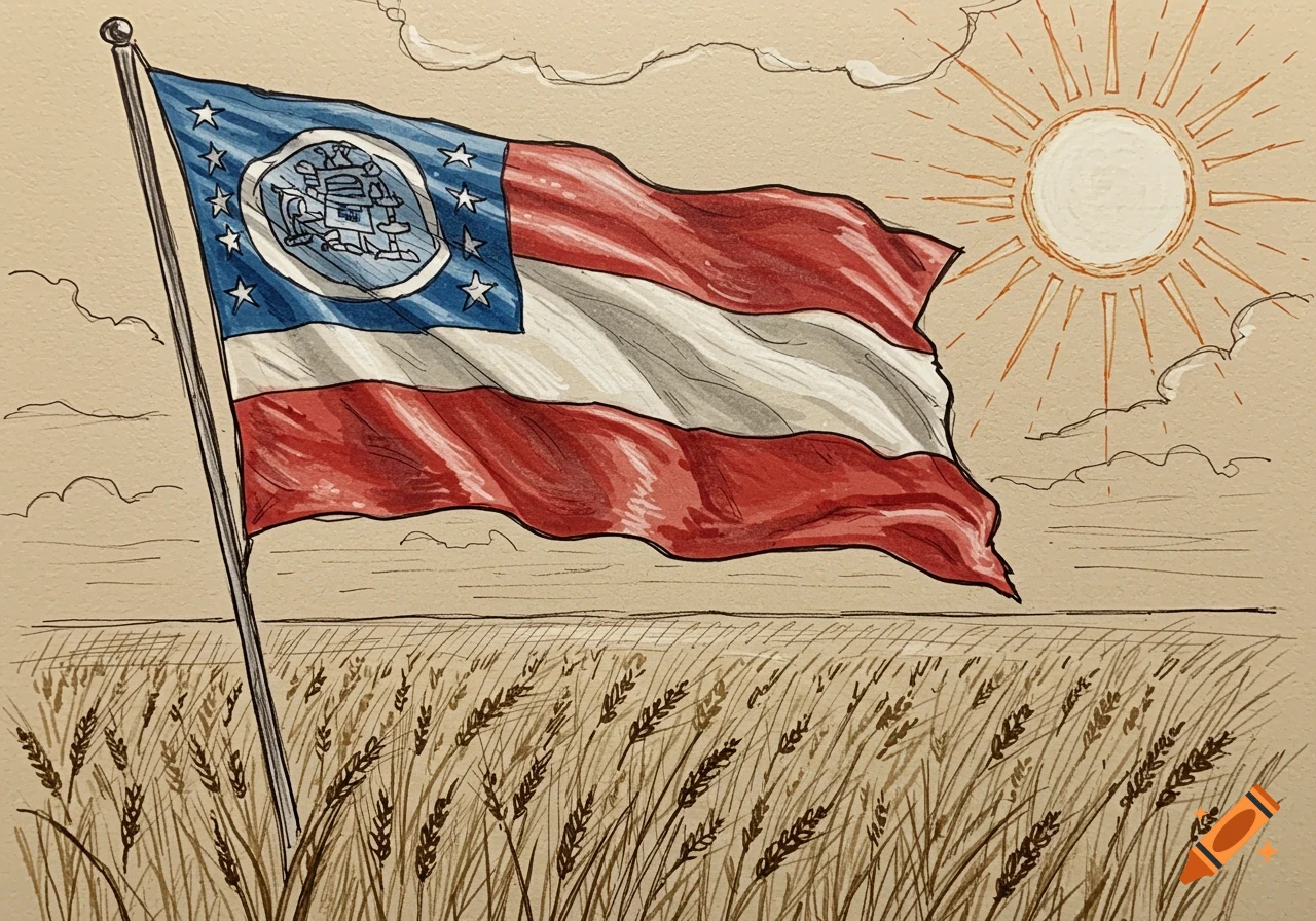 Sketch of a flag waving over a wheat field with a sun in the sky.