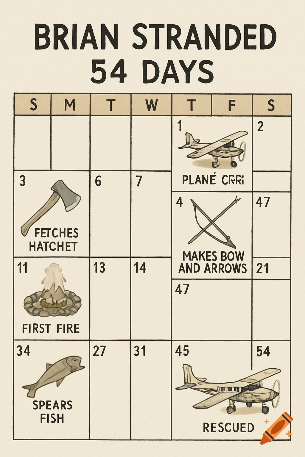 Illustration of a calendar tracking Brian's 54 days stranded, showing events like finding a hatchet, starting a fire, fishing, and rescue.