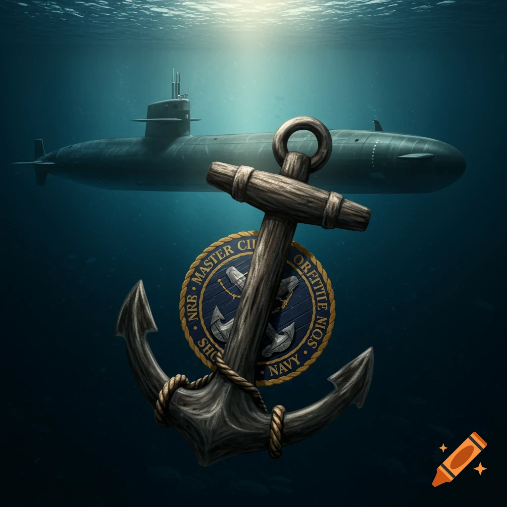 A submarine underwater with a large anchor in the foreground and a navy emblem behind it.
