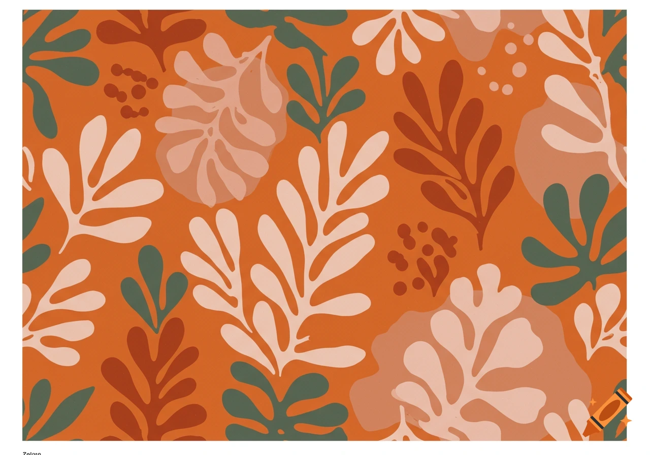 Abstract botanical pattern in orange, pink, and green, inspired by Matisse.