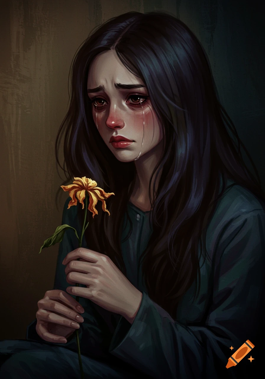 Digital painting of a crying woman holding a wilted flower.